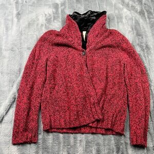 J. Jill Red Black Marled Silk Cotton Blend Velvet Lined Shawl Collar Sweater M